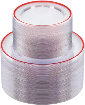 200PCS Red and Clear Plastic Plates, Disposable Plate Set with 100 Dinner Plate and 100 Dessert Plates for Party, Christmas, Valentine's Day