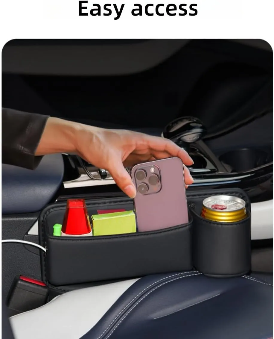 2024 New Seat Car Leather Cup Holder Gap Bag, Adjustable Car Seat Storage Box, Gap Filler Organizer with Cup Holder for Phones Glasses Keys Cards (Passenger Side,Black), QCBJ0527