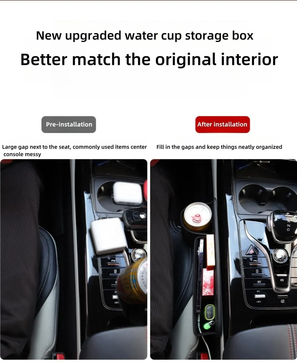 2024 New Seat Car Leather Cup Holder Gap Bag, Adjustable Car Seat Storage Box, Gap Filler Organizer with Cup Holder for Phones Glasses Keys Cards (Passenger Side,Black), QCBJ0527