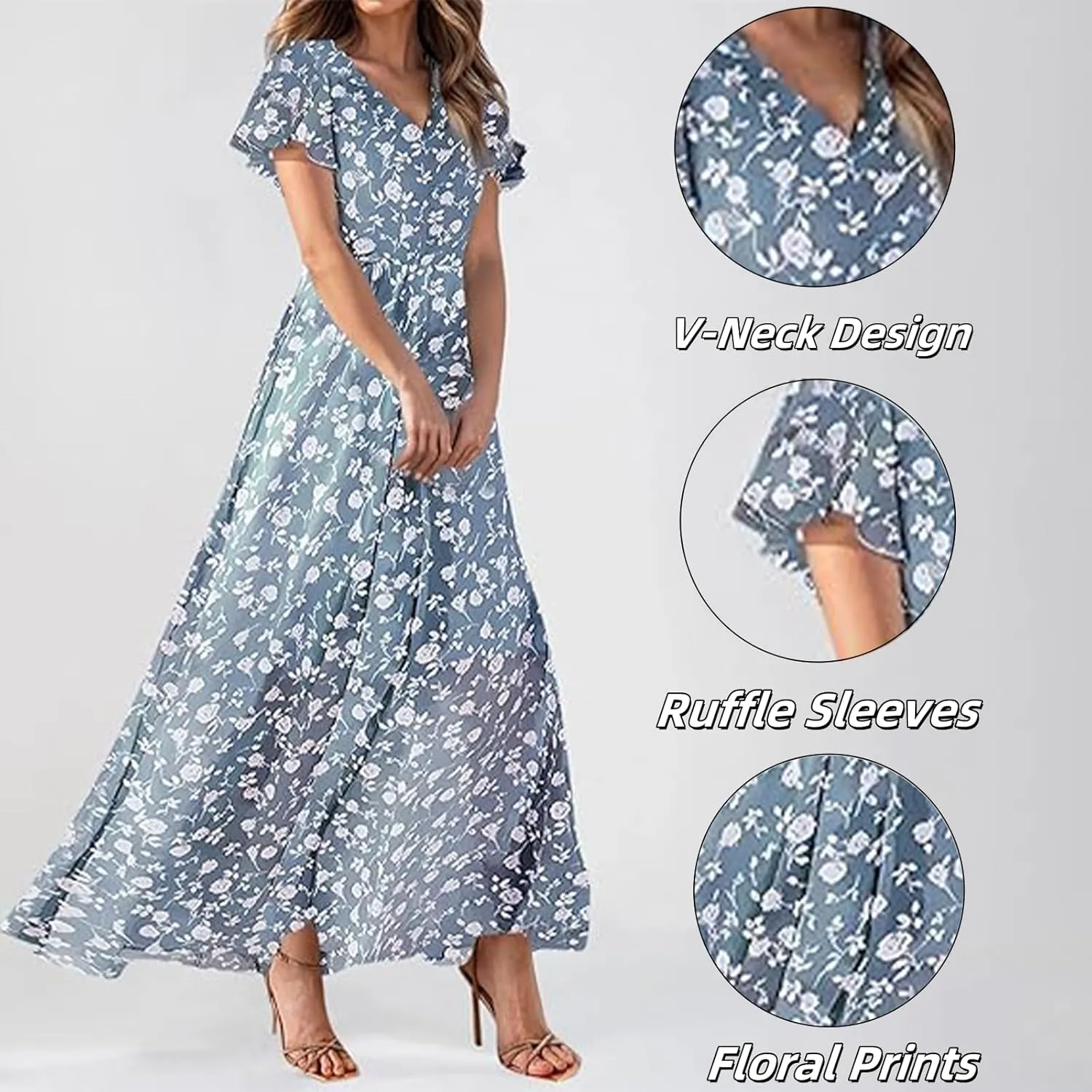 2025 Summer Trendy Floral Boho Dress Elegant V Neck Short Sleeve Floral Beach Dress Flowy Ruched Boho Vacation Dresses