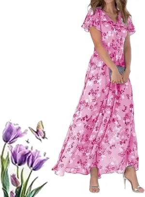 2025 Summer Trendy Floral Boho Dress Elegant V Neck Short Sleeve Floral Beach Dress Flowy Ruched Boho Vacation Dresses