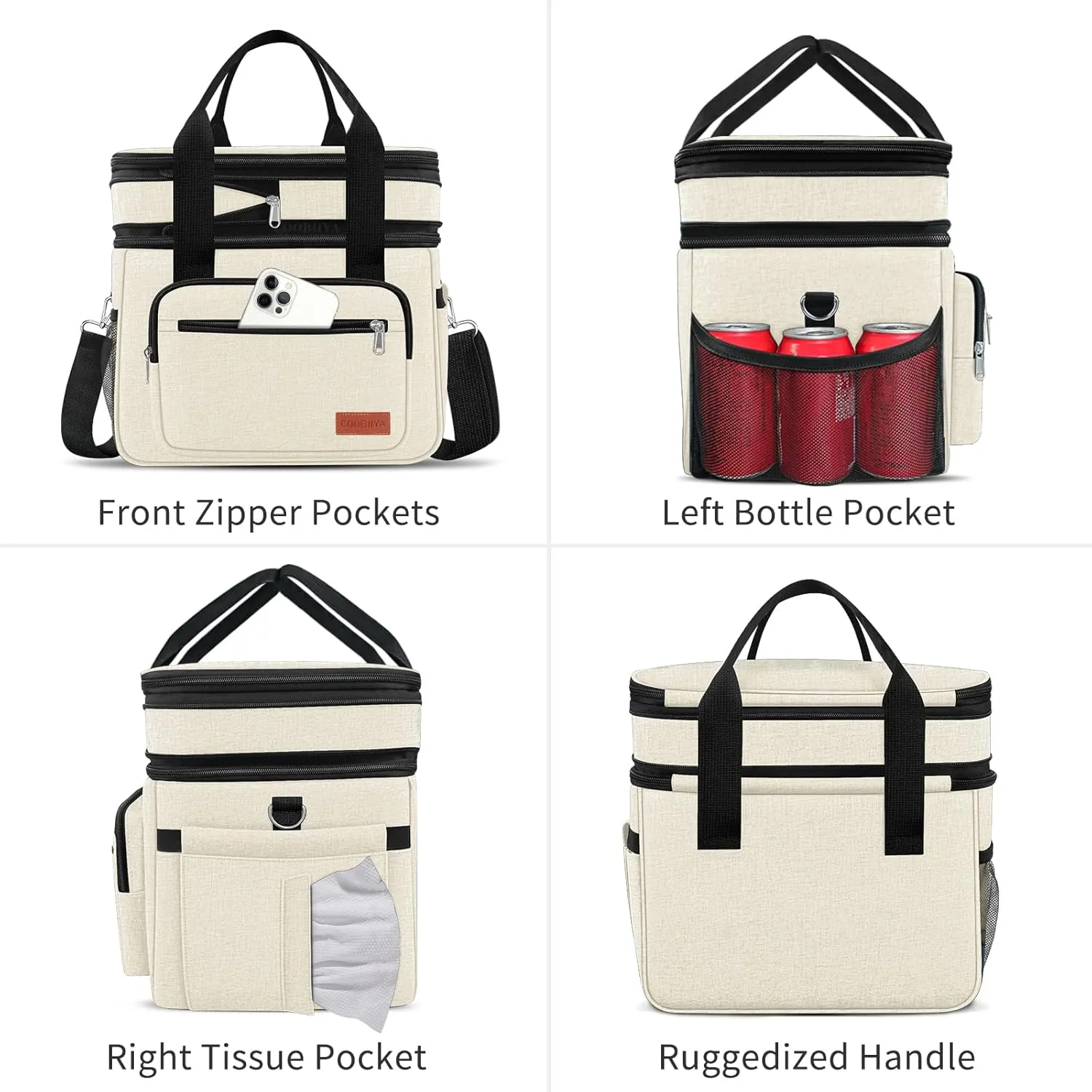 23L Extra Large Expandable Insulated Cooler Lunch Box for Men Double Deck Leakproof Heavy Duty Lunch Bag with 4 Ice Packs&2 Snack Bags for Adult/Construction/Women/Work/Picnic/Camping - Beige