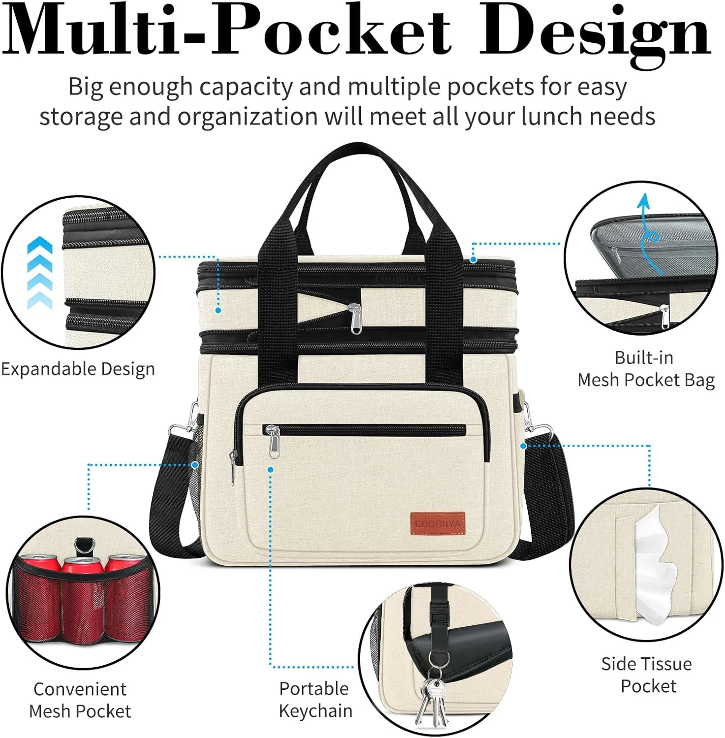 23L Extra Large Expandable Insulated Cooler Lunch Box for Men Double Deck Leakproof Heavy Duty Lunch Bag with 4 Ice Packs&2 Snack Bags for Adult/Construction/Women/Work/Picnic/Camping - Beige