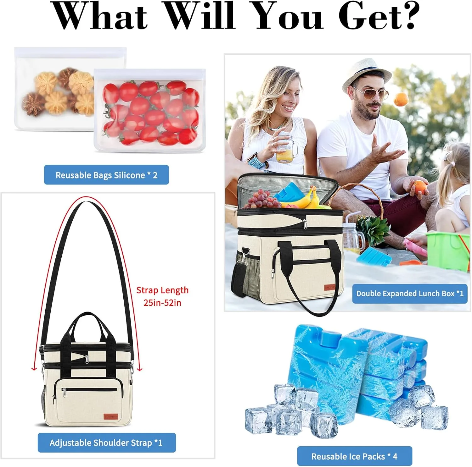 23L Extra Large Expandable Insulated Cooler Lunch Box for Men Double Deck Leakproof Heavy Duty Lunch Bag with 4 Ice Packs&2 Snack Bags for Adult/Construction/Women/Work/Picnic/Camping - Beige