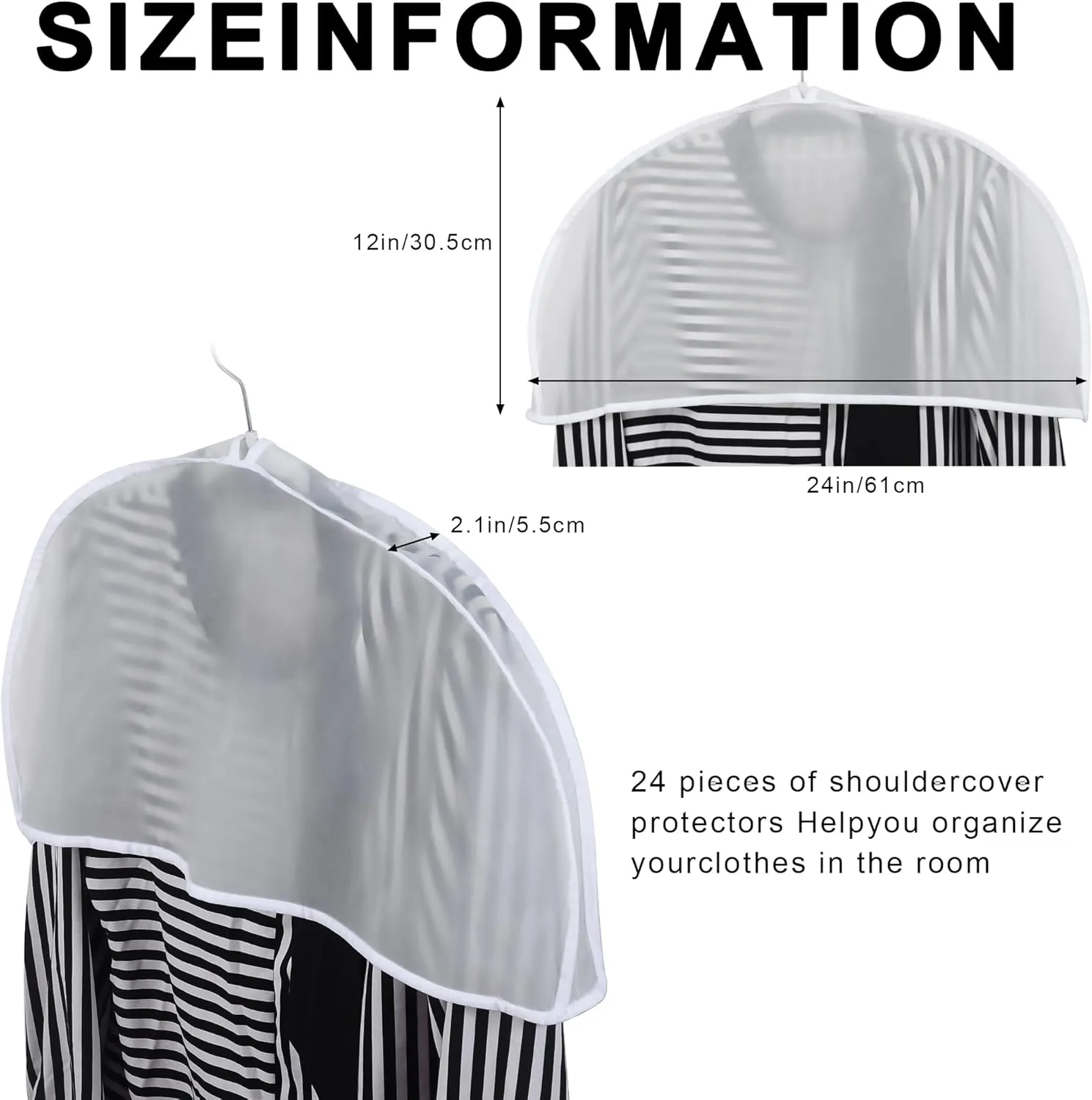 24PCS Garment Covers For Hanging Clothes, Shoulder Covers For Hanging Clothes, Dust Covers For Hanging Clothes, Suit Covers For Closet, Plastic Covers For Clothes, With 2" Gusset, 24''W X 12"H X 2''D