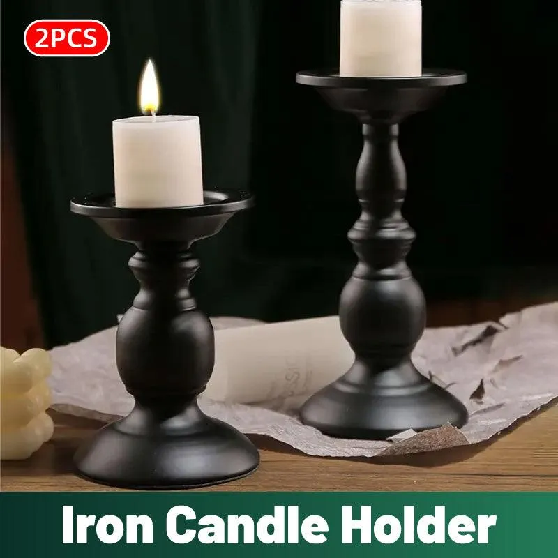 2pcs Black Iron Candle Holders for Candlelight Dinner Atmosphere Decoration Set