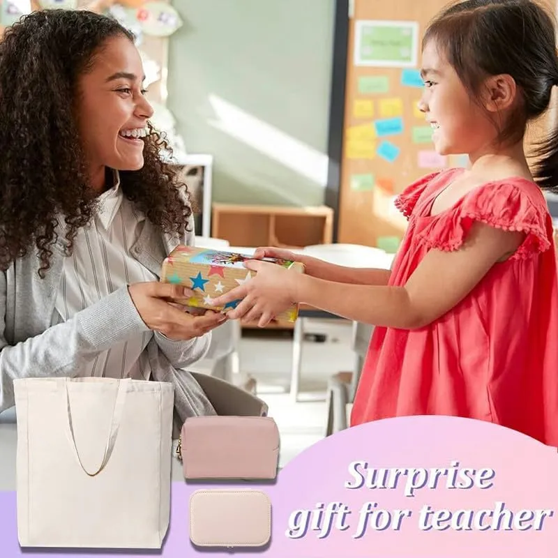 3-In-1 Art Teacher Canvas Tote Bag Grocery Reusable Handbags Jewelry Box and Makeup Bag Set For Teacher Gift