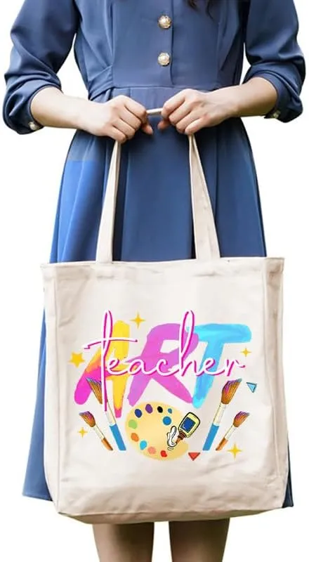 3-In-1 Art Teacher Canvas Tote Bag Grocery Reusable Handbags Jewelry Box and Makeup Bag Set For Teacher Gift