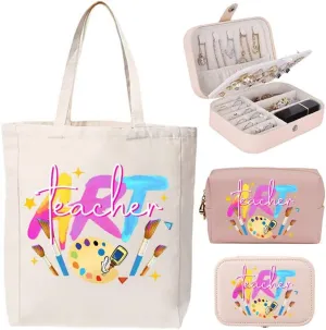 3-In-1 Art Teacher Canvas Tote Bag Grocery Reusable Handbags Jewelry Box and Makeup Bag Set For Teacher Gift