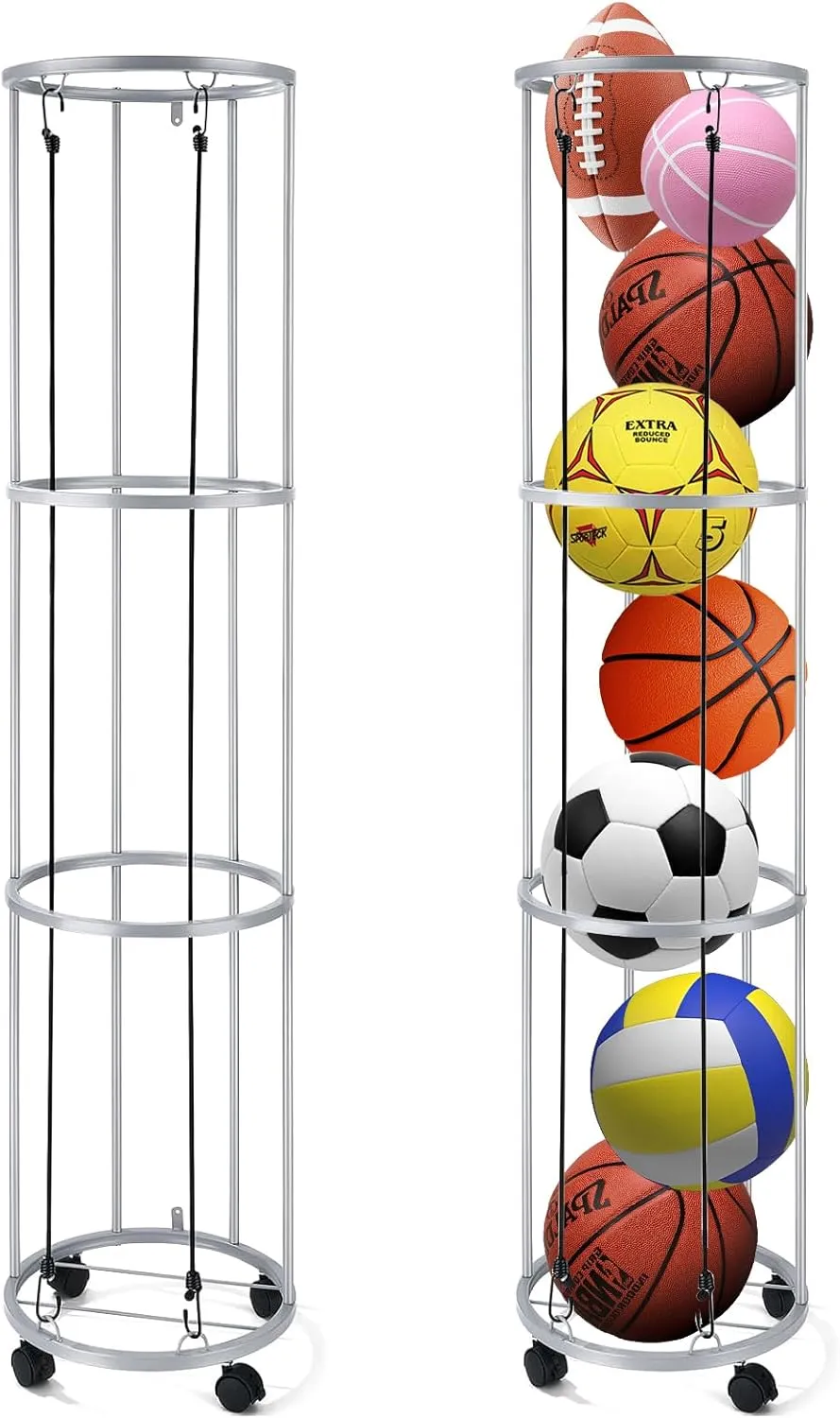 3 Layer Garage Ball Storage, Durable Basketball Wall Mount Vertical Ball Rack, Sports Ball Organizer for Garage, Ball Storage Rack Ball Holder with Wheels for Football Soccer Volleyball