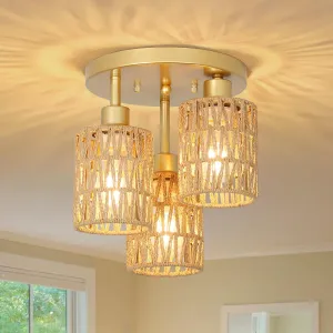 3-Lights Boho Light Fixtures - Farmhouse Rattan Light Fixture with Woven Cage Shade, Gold Semi Flush Mount Ceiling Lights for Bedroom, Kitchen, Hallway