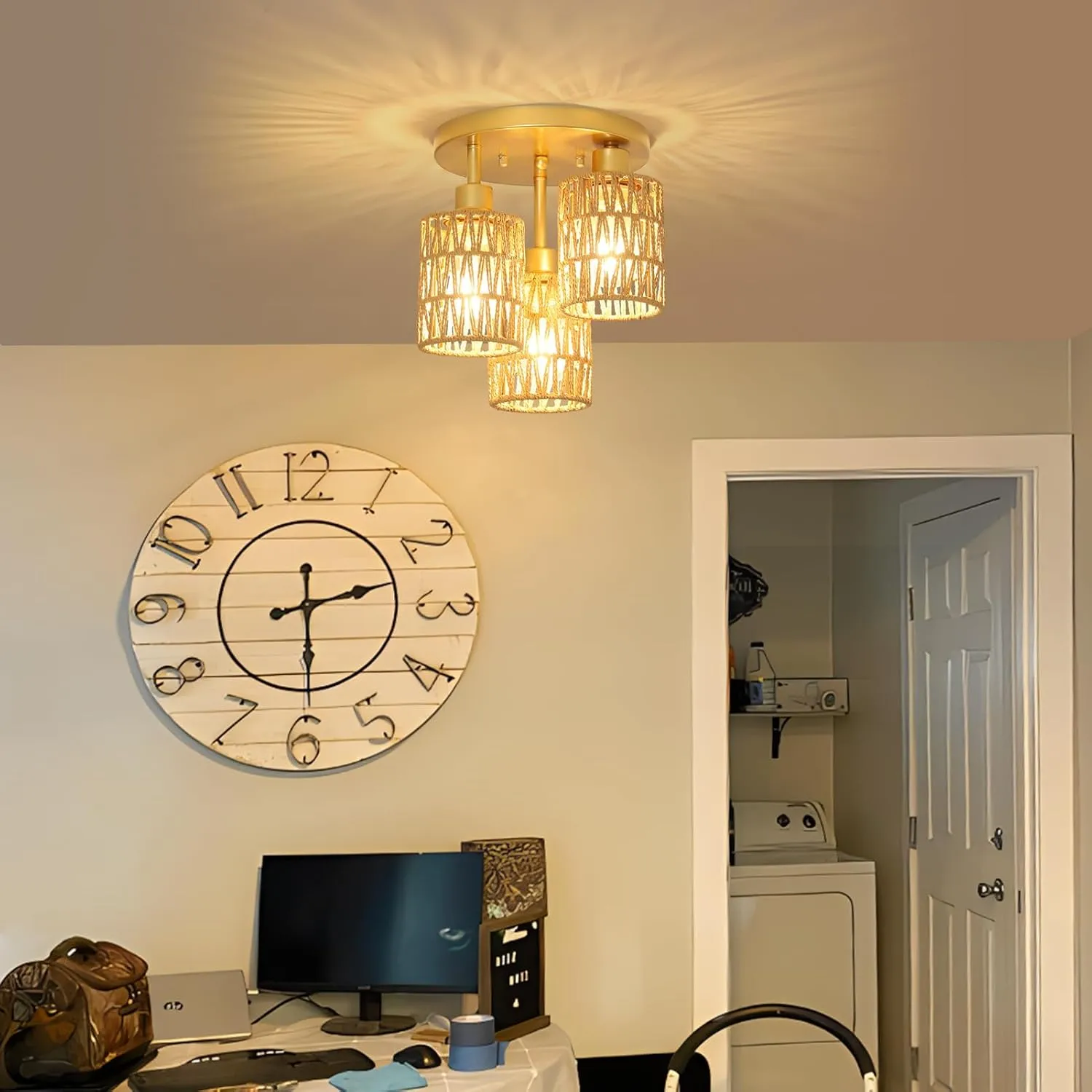 3-Lights Boho Light Fixtures - Farmhouse Rattan Light Fixture with Woven Cage Shade, Gold Semi Flush Mount Ceiling Lights for Bedroom, Kitchen, Hallway