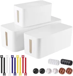 3 Pack Cable Management Box with 18 PCS Cable Management Set - Large & Medium & Small Cable Organizer Box to Hide Wires & Power Strips | TV Cord Organizer Box | for Home & Office, White