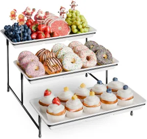 3-Tier Melamine Serving Tray Set, 14"x7" Platters for Serving Food, White Reusable Trays with Black Metal Display Stand for Cupcakes, Sevring Food, Dessert, Fruit, Cookie, Black