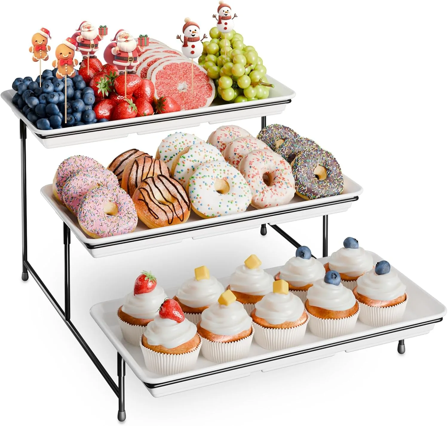 3-Tier Melamine Serving Tray Set, 14"x7" Platters for Serving Food, White Reusable Trays with Black Metal Display Stand for Cupcakes, Sevring Food, Dessert, Fruit, Cookie, Black
