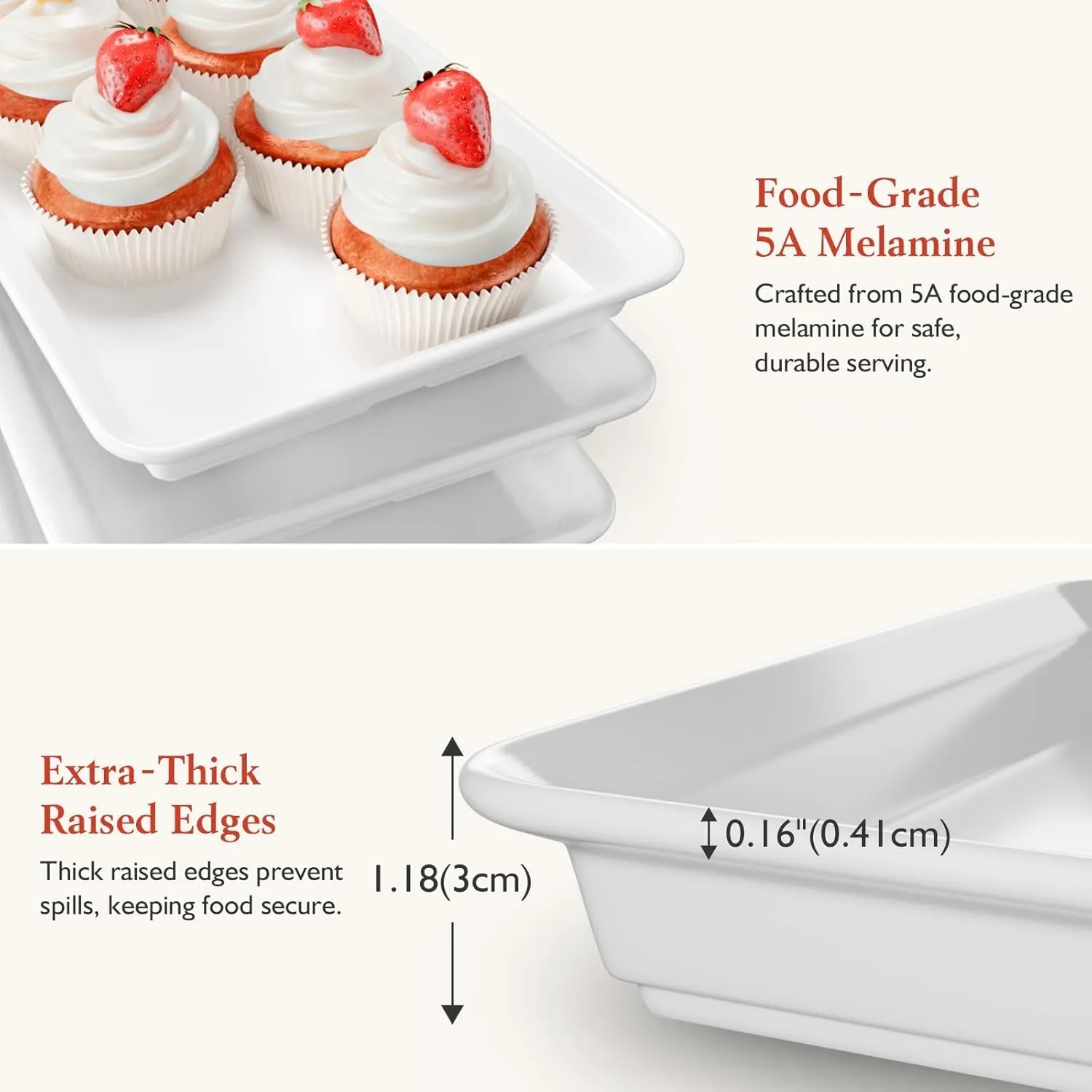 3-Tier Melamine Serving Tray Set, 14"x7" Platters for Serving Food, White Reusable Trays with Golden Metal Display Stand for Cupcakes, Sevring Food, Dessert, Fruit, Cookie, 24K Gold-Plated