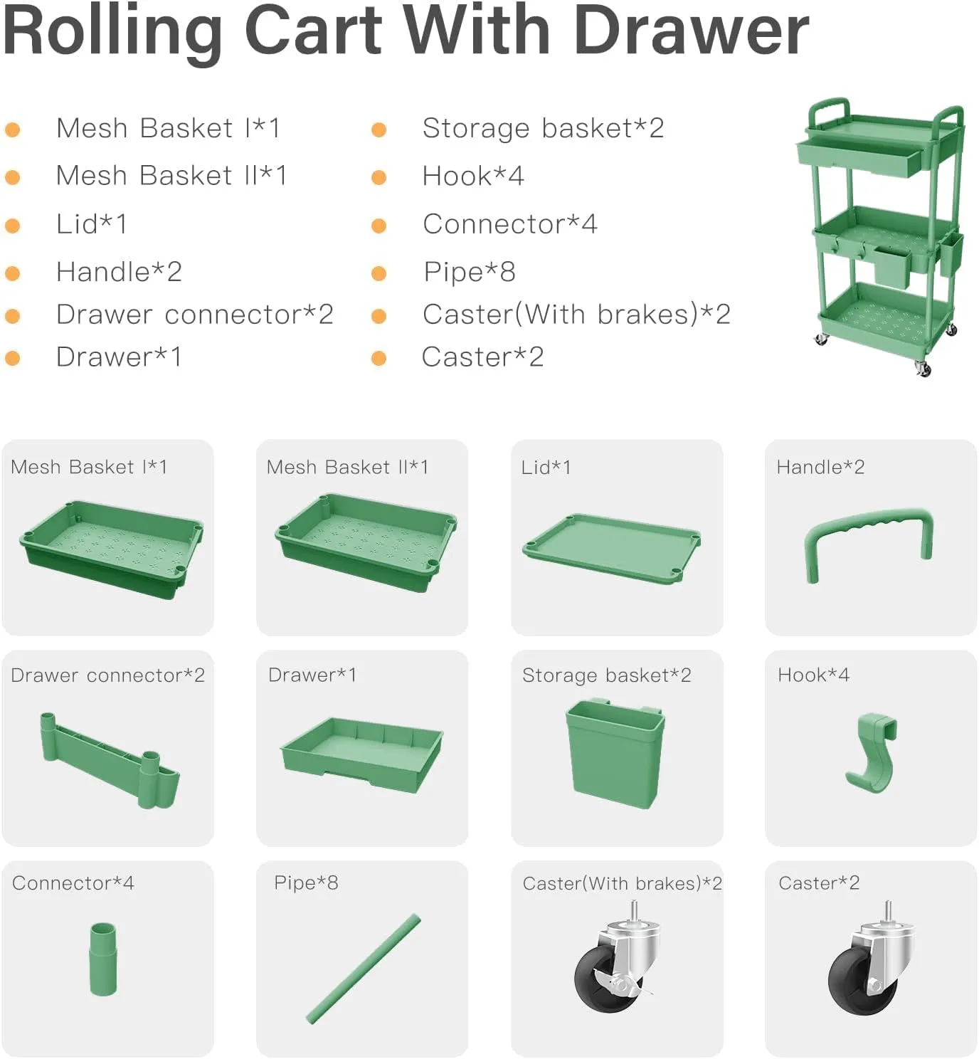 3 Tier Rolling Cart Organizer,Laundry Room Bathroom Organizers and Storage Office Shelves Mobile Shelving Unit Kitchen Trolley Cart with Wheels for Art,Craft,Diaper,Bedside,Snack(Green)