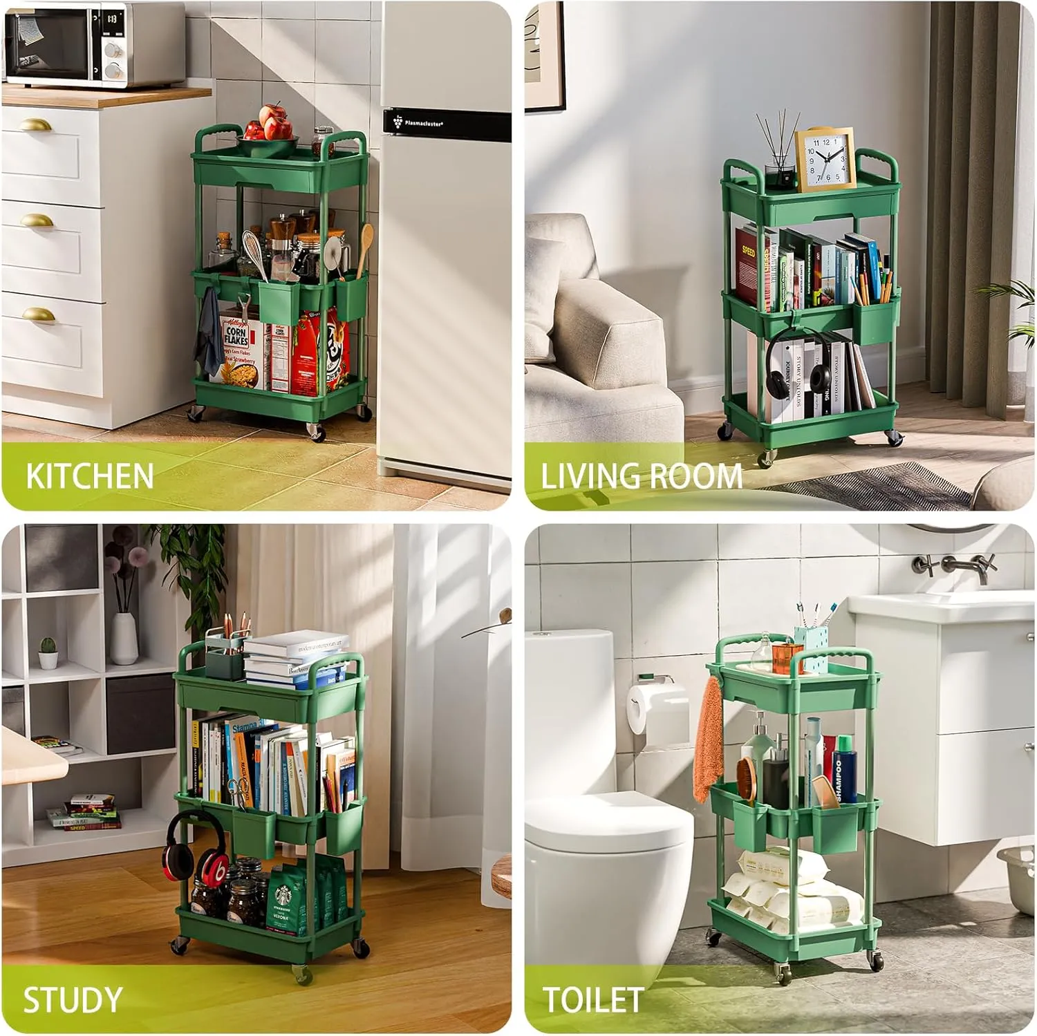 3 Tier Rolling Cart Organizer,Laundry Room Bathroom Organizers and Storage Office Shelves Mobile Shelving Unit Kitchen Trolley Cart with Wheels for Art,Craft,Diaper,Bedside,Snack(Green)