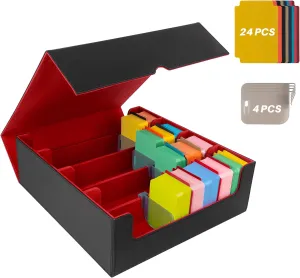 3000  Collectible Trading Case, 4 Rows Deck Case With 24 Dividers & 4 Supporters, PU Leather Fits for MTG, Game & Sport Cards (Black & Red)