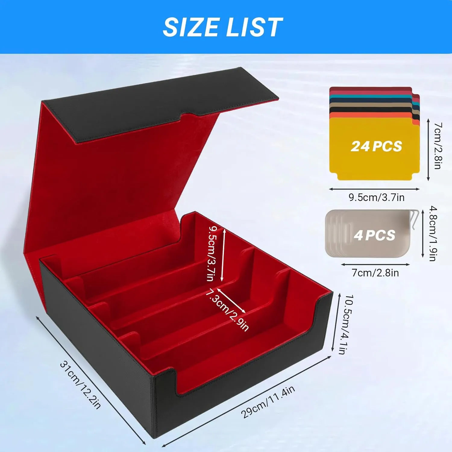 3000  Collectible Trading Case, 4 Rows Deck Case With 24 Dividers & 4 Supporters, PU Leather Fits for MTG, Game & Sport Cards (Black & Red)