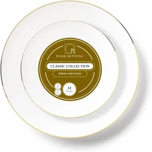 32-Piece Gold Plastic Plates - 16 Dinner, 16 Salad; Party, Wedding & Disposable