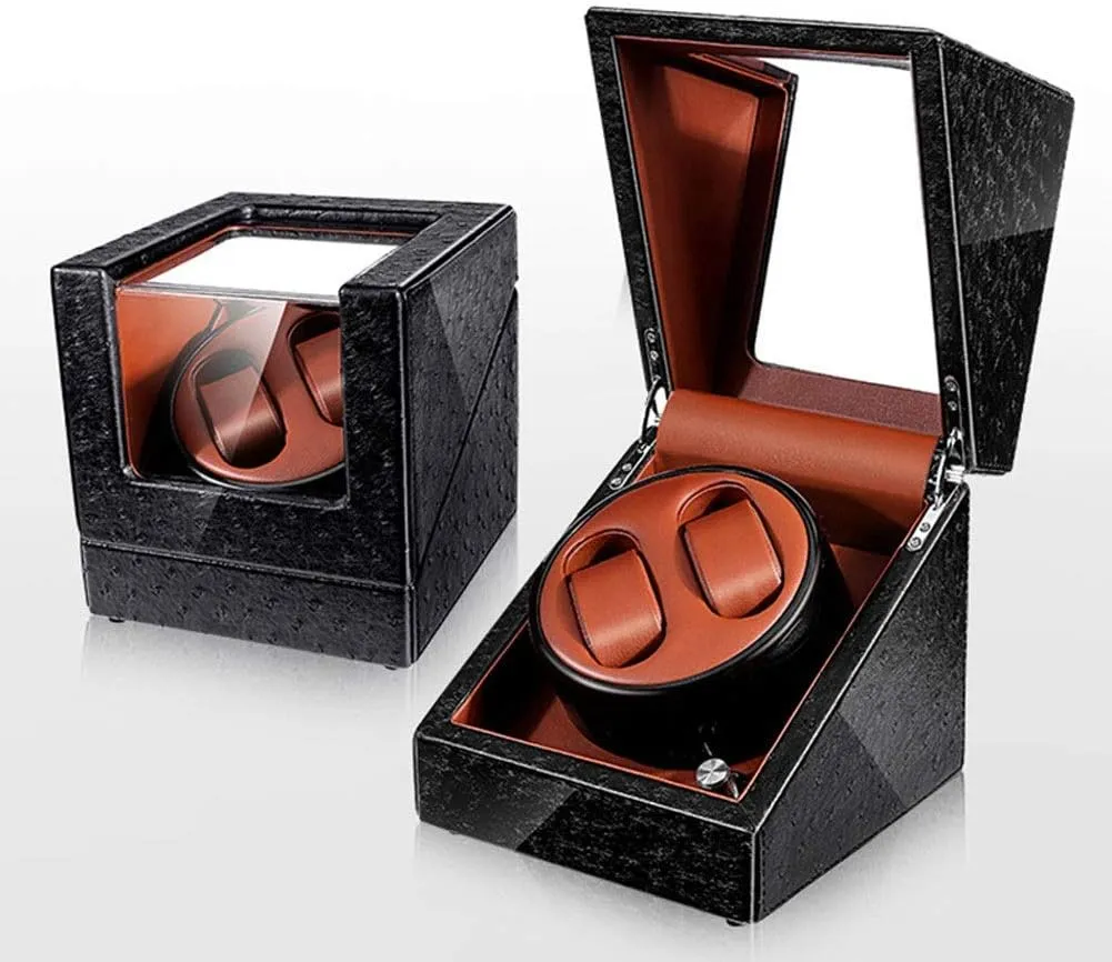 4 6 Automatic Mechanical Watches Box, Led Light Pu Leather Watch Winder- Black,D