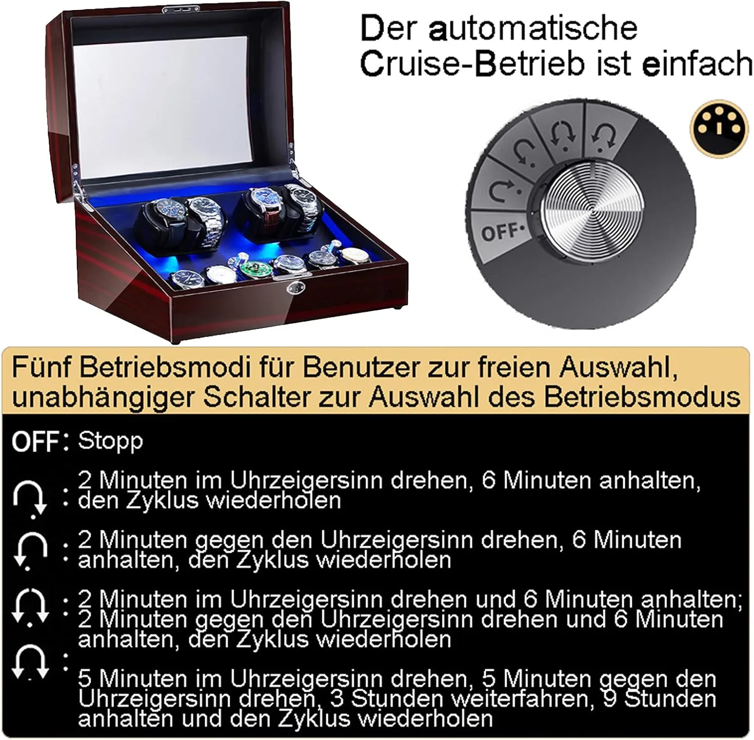 4 6 Automatic Watch Winders Storage Case Watch Box Wooden Silent Motor Five Modes Adjustable Watch Pillows Led Backlight Open Lid And Stop Automatically,Leather 005,Leather 04