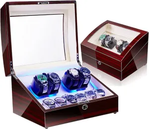 4 6 Automatic Watch Winders Storage Case Watch Box Wooden Silent Motor Five Modes Adjustable Watch Pillows Led Backlight Open Lid And Stop Automatically,Leather 005,Leather 04