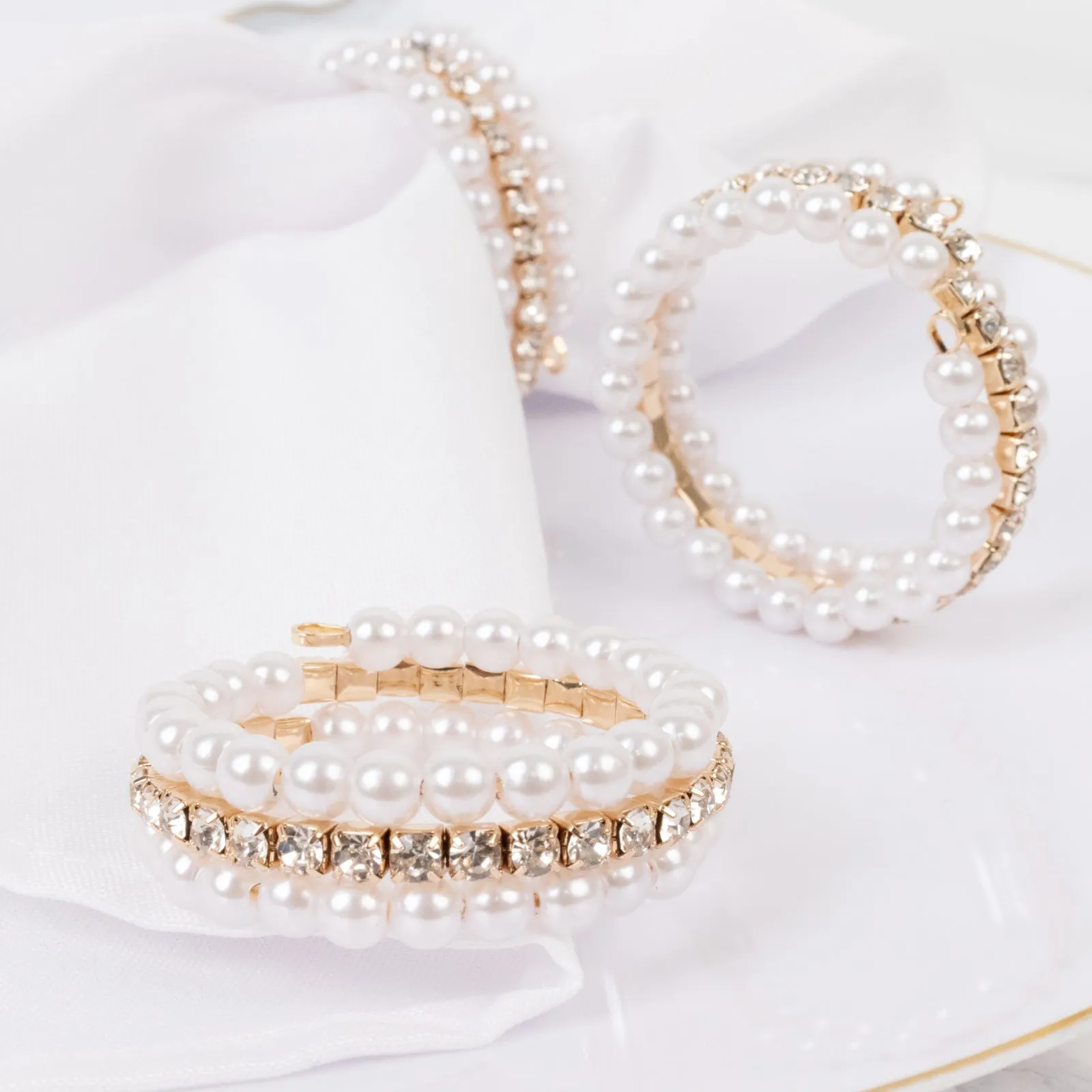 4-Pack White Pearl Rhinestone Napkin Holders, Elegant Round Napkin Rings - 2"