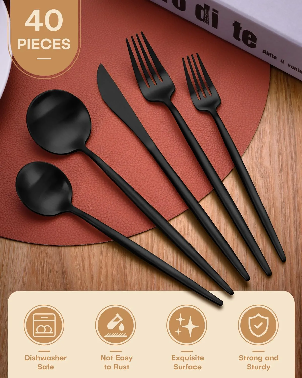 40-Piece Black Silverware Set for 8 Stainless Steel Flatware Set with Knives Forks and Spoons Utensil set, Satin Finish Tableware Cutlery Set, Dishwasher Safe