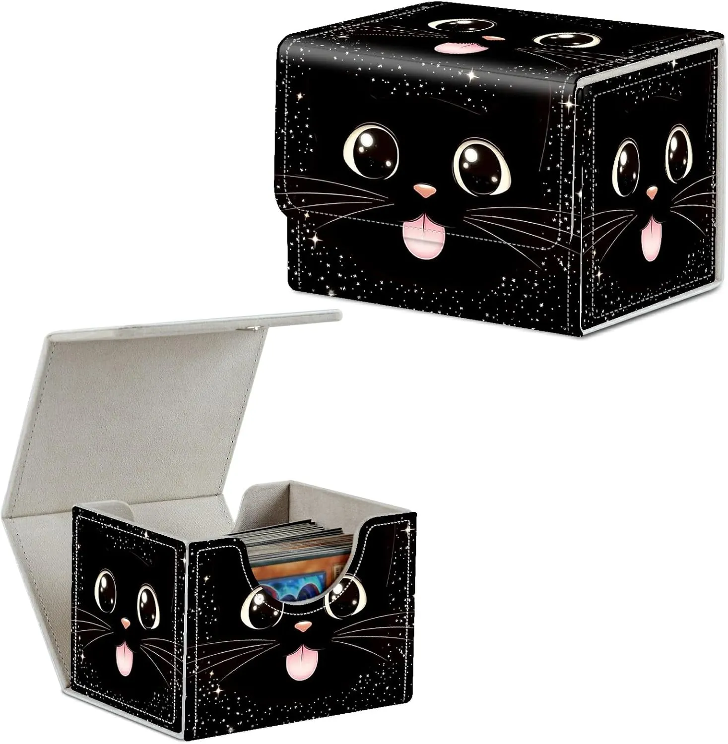 4.13x3.07x3.26 inch Card Deck Box Trading Cards Storage Box with Strong Magnet Premium Case Commander Deck Box Storage Cover for TCG CCG Magic Cards,Cat Face With Stars