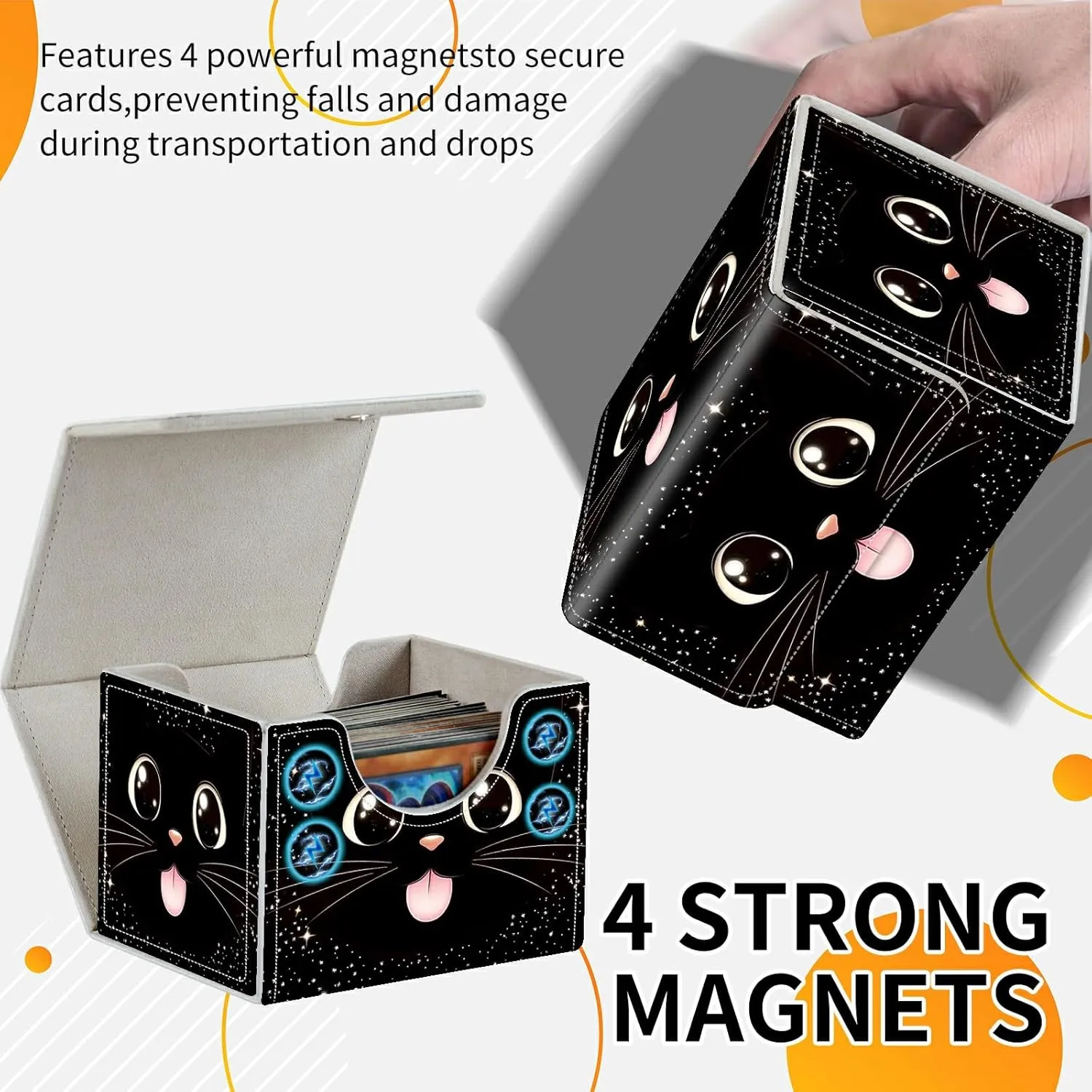 4.13x3.07x3.26 inch Card Deck Box Trading Cards Storage Box with Strong Magnet Premium Case Commander Deck Box Storage Cover for TCG CCG Magic Cards,Cat Face With Stars