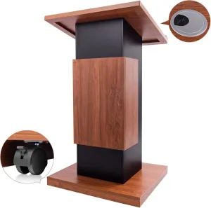 47"Portable Wooden Podium, Wood Speaking Lectern Stand, Reserved Wire Hole, Lockable Wheels, Design with Storage, Standing Pulpit for Church Office School Home Conference Restaurant Meeting