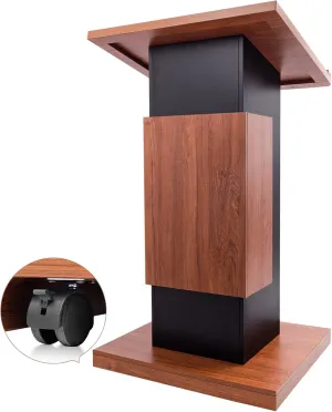 47"Portable Wooden Podium, Wooden Lectern Podium Stand, Reserved Wire Hole, Lockable Wheels, Design with Storage, Standing Wooden Pulpit for Church Office School Home Conference Restaurant Meeting