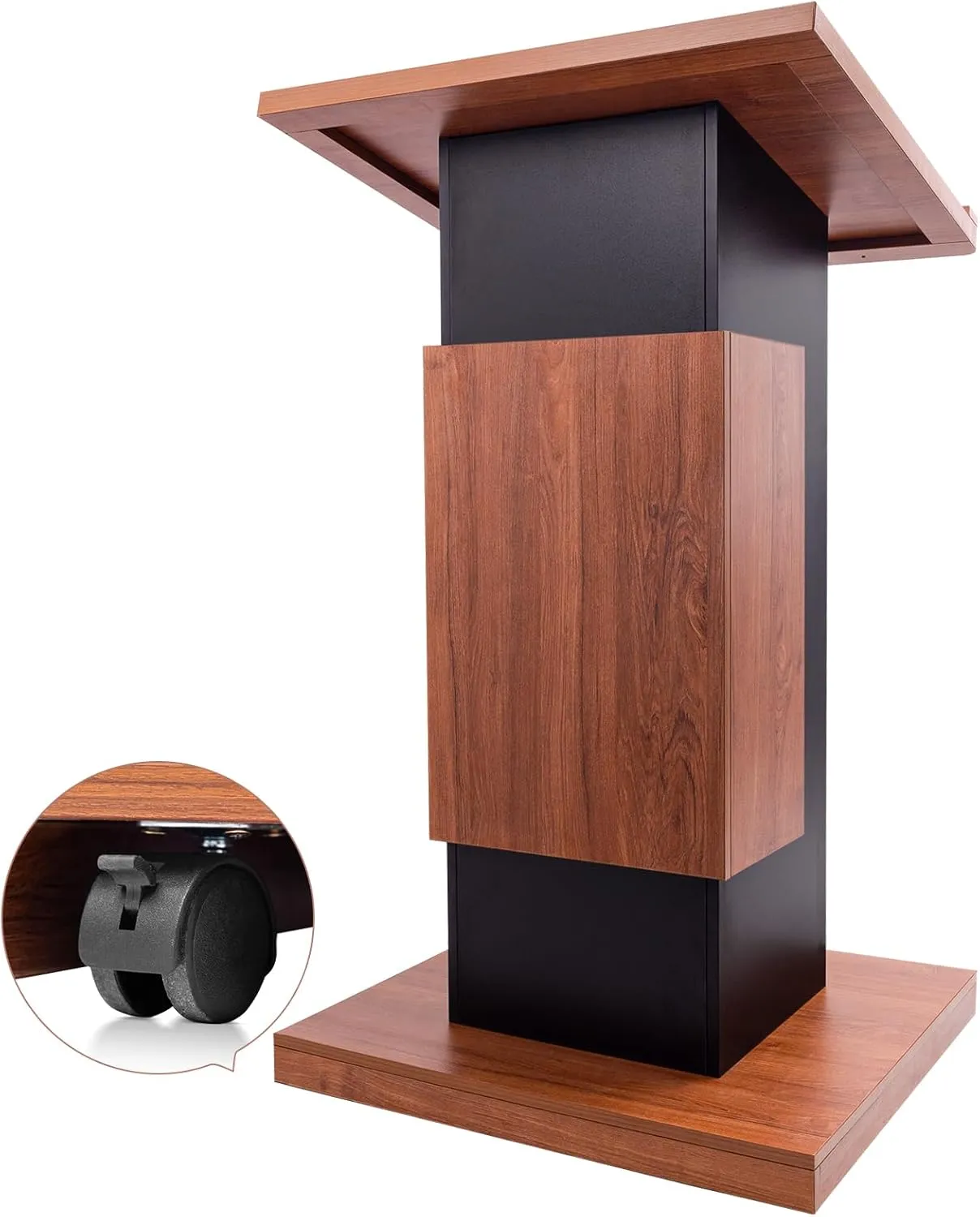 47"Portable Wooden Podium, Wooden Lectern Podium Stand, Reserved Wire Hole, Lockable Wheels, Design with Storage, Standing Wooden Pulpit for Church Office School Home Conference Restaurant Meeting