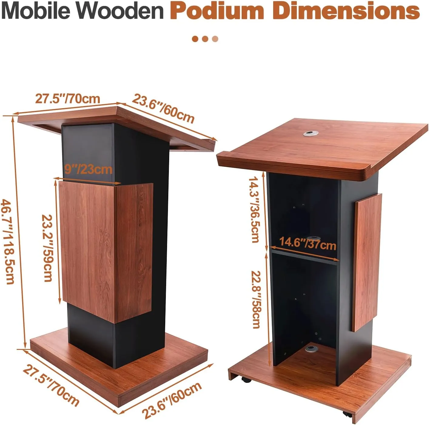 47"Portable Wooden Podium, Wooden Lectern Podium Stand, Reserved Wire Hole, Lockable Wheels, Design with Storage, Standing Wooden Pulpit for Church Office School Home Conference Restaurant Meeting