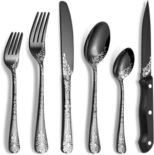 48-Piece Black Silverware Set with Steak Knife, Stainless Steel Flatware Cutlery Set Service for 8, Mirror Polished Tableware Eating Utensils Set for Home Kitchen, Dishwasher Safe