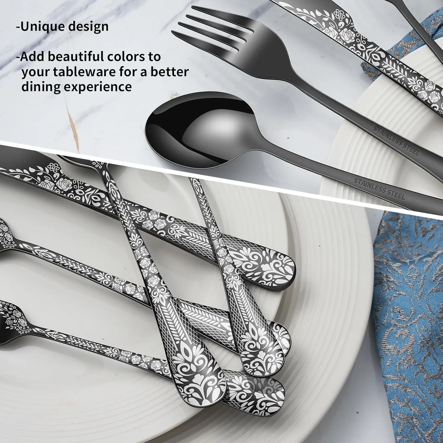 48-Piece Black Silverware Set with Steak Knife, Stainless Steel Flatware Cutlery Set Service for 8, Mirror Polished Tableware Eating Utensils Set for Home Kitchen, Dishwasher Safe