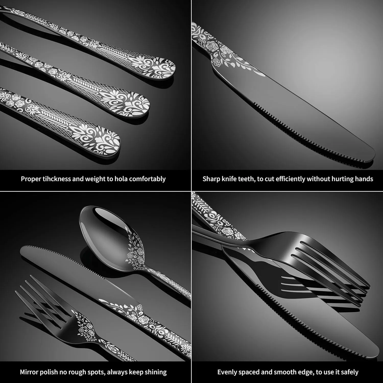 48-Piece Black Silverware Set with Steak Knife, Stainless Steel Flatware Cutlery Set Service for 8, Mirror Polished Tableware Eating Utensils Set for Home Kitchen, Dishwasher Safe