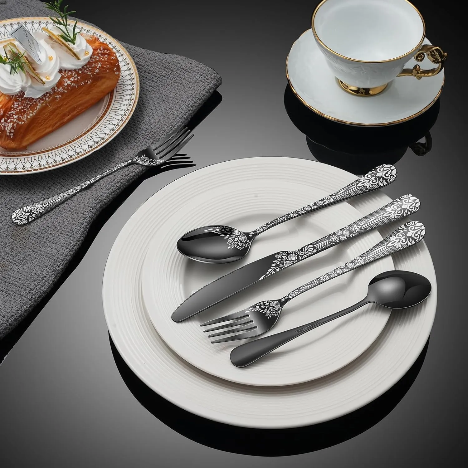 48-Piece Black Silverware Set with Steak Knife, Stainless Steel Flatware Cutlery Set Service for 8, Mirror Polished Tableware Eating Utensils Set for Home Kitchen, Dishwasher Safe