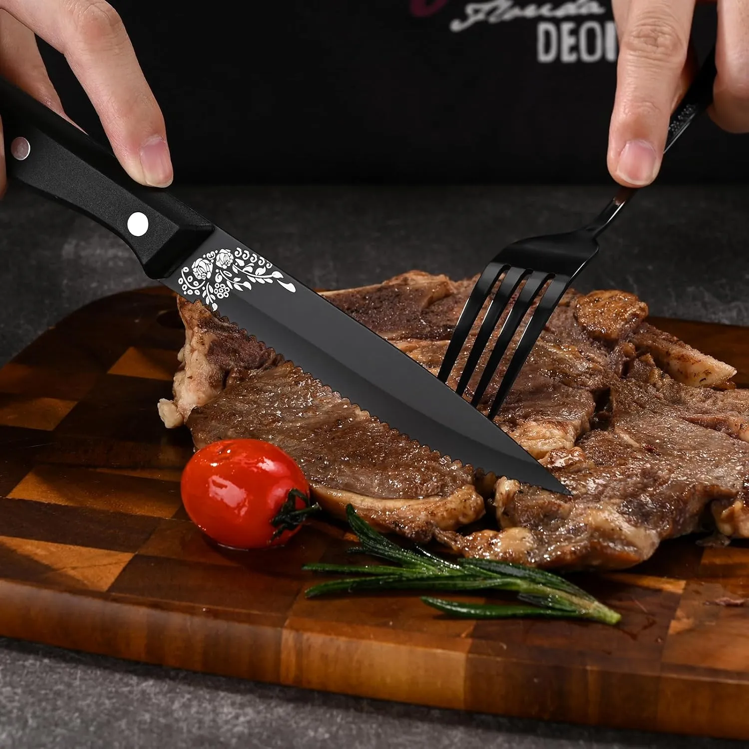 48-Piece Black Silverware Set with Steak Knife, Stainless Steel Flatware Cutlery Set Service for 8, Mirror Polished Tableware Eating Utensils Set for Home Kitchen, Dishwasher Safe