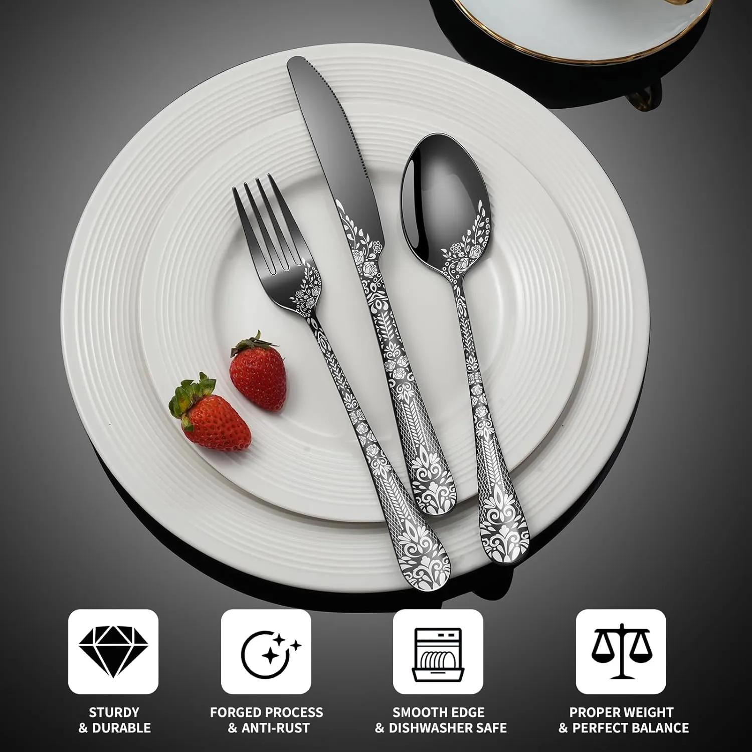48-Piece Black Silverware Set with Steak Knife, Stainless Steel Flatware Cutlery Set Service for 8, Mirror Polished Tableware Eating Utensils Set for Home Kitchen, Dishwasher Safe