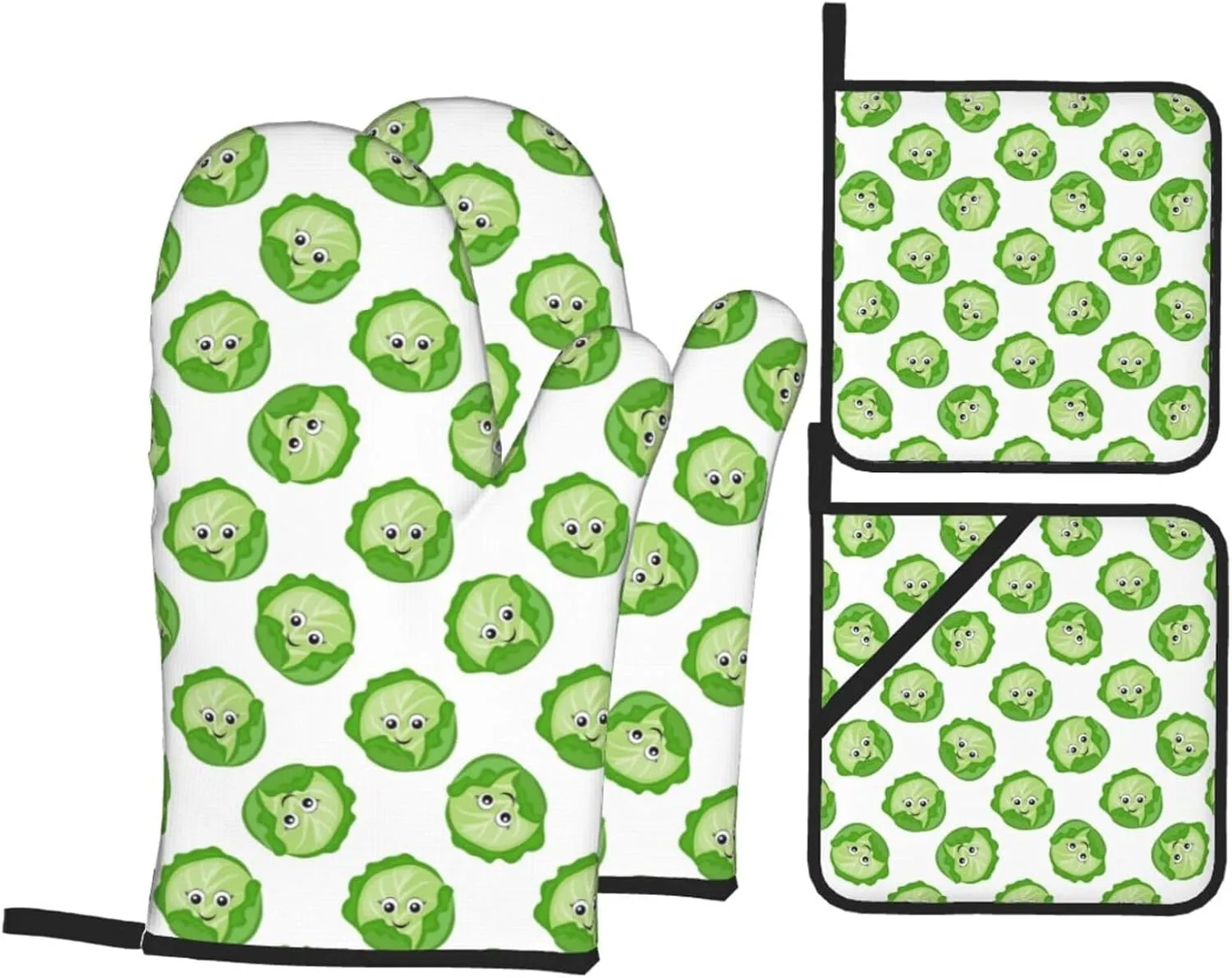4Pcs Bright Cabbage Cute Eyes Funny Oven Mitts and Pot Holders Sets, Heat Resistant Silicone Oven Mitts Pot Holders for Kitchen Cooking Baking, Non-Slip Oven Gloves Hot Pads Potholders