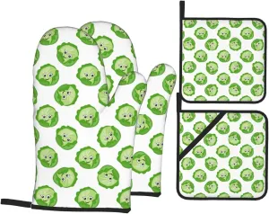 4Pcs Bright Cabbage Cute Eyes Funny Oven Mitts and Pot Holders Sets, Heat Resistant Silicone Oven Mitts Pot Holders for Kitchen Cooking Baking, Non-Slip Oven Gloves Hot Pads Potholders