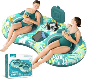 5-in-1 Pool Floats Adult Heavy Duty River Tube, 2 Person Water Lounge with Backrests, Built-in Cooler, Cup Holders, Deluxe Pool Float for Summer Relaxation
