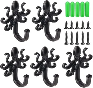 5 Pack Metal Key Holder No Rust Hooks Indoor Outdoor Coastal Hanging Art Wall Decorations Octopus Hooks Retro Garden Wall Decor for Hanging Clothes,Towels,Jackets,Bags (C-Octopus)