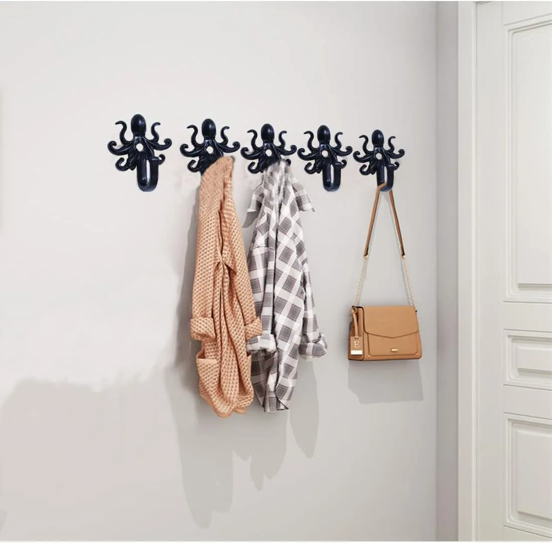 5 Pack Metal Key Holder No Rust Hooks Indoor Outdoor Coastal Hanging Art Wall Decorations Octopus Hooks Retro Garden Wall Decor for Hanging Clothes,Towels,Jackets,Bags (C-Octopus)