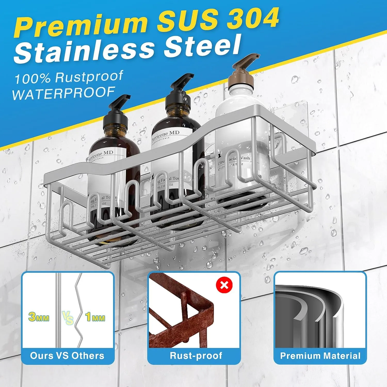 5-Pack Rustproof Stainless Steel Shower Caddy – No Drill Adhesive Bathroom Organizer with Large Capacity, Spacious Shower Shelves for Inside Shower, Kitchen & Home Decor Storage