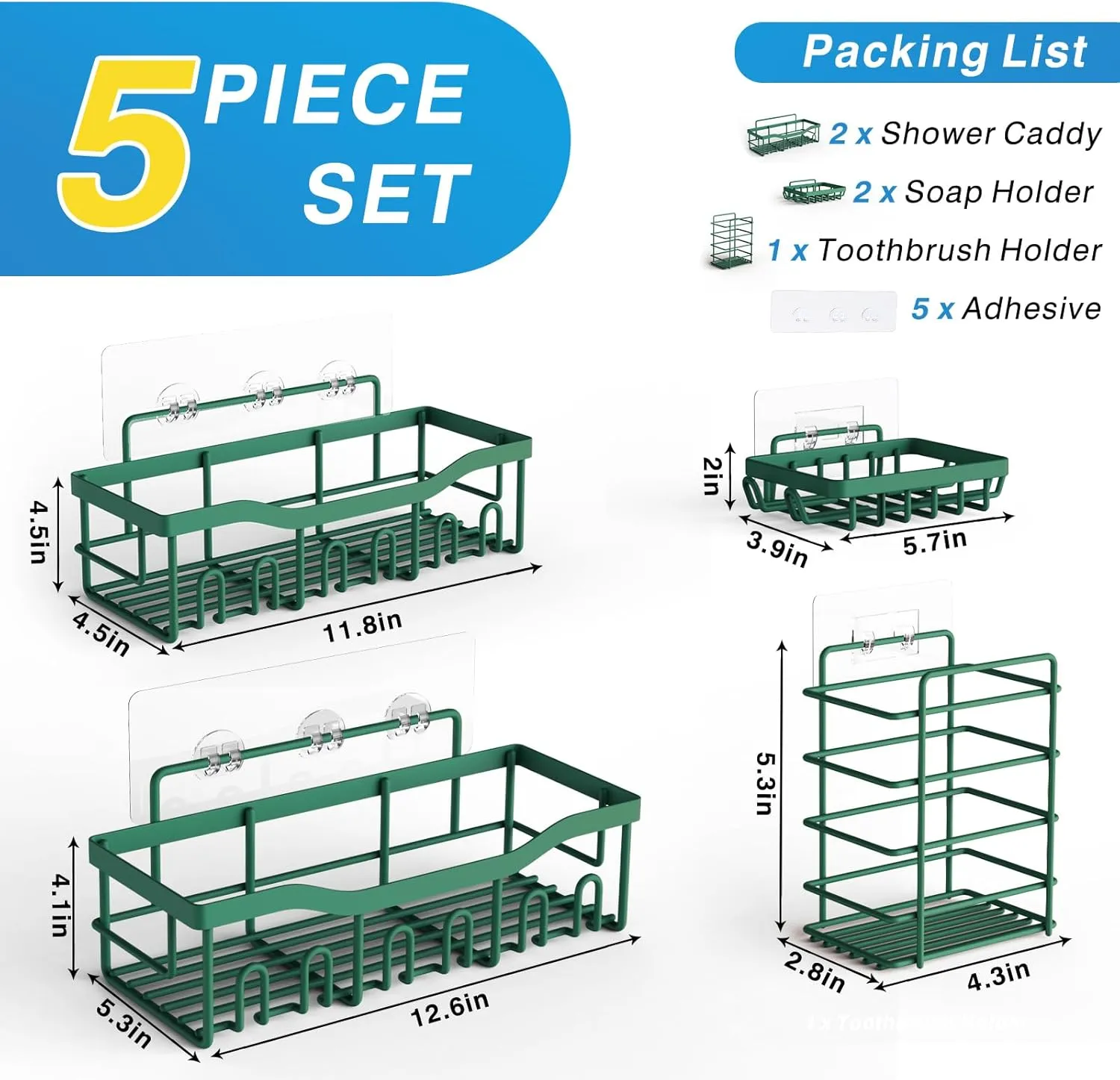 5-Pack Rustproof Stainless Steel Shower Caddy – No Drill Adhesive Bathroom Organizer with Large Capacity, Spacious Shower Shelves for Inside Shower, Kitchen & Home Decor Storage