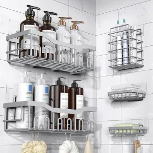 5-Pack Rustproof Stainless Steel Shower Caddy – No Drill Adhesive Bathroom Organizer with Large Capacity, Spacious Shower Shelves for Inside Shower, Kitchen & Home Decor Storage